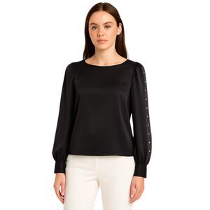 Gap X-Small Black Blouse Semi Sheer Long Double Slit Sleeves with Gold Nailheads